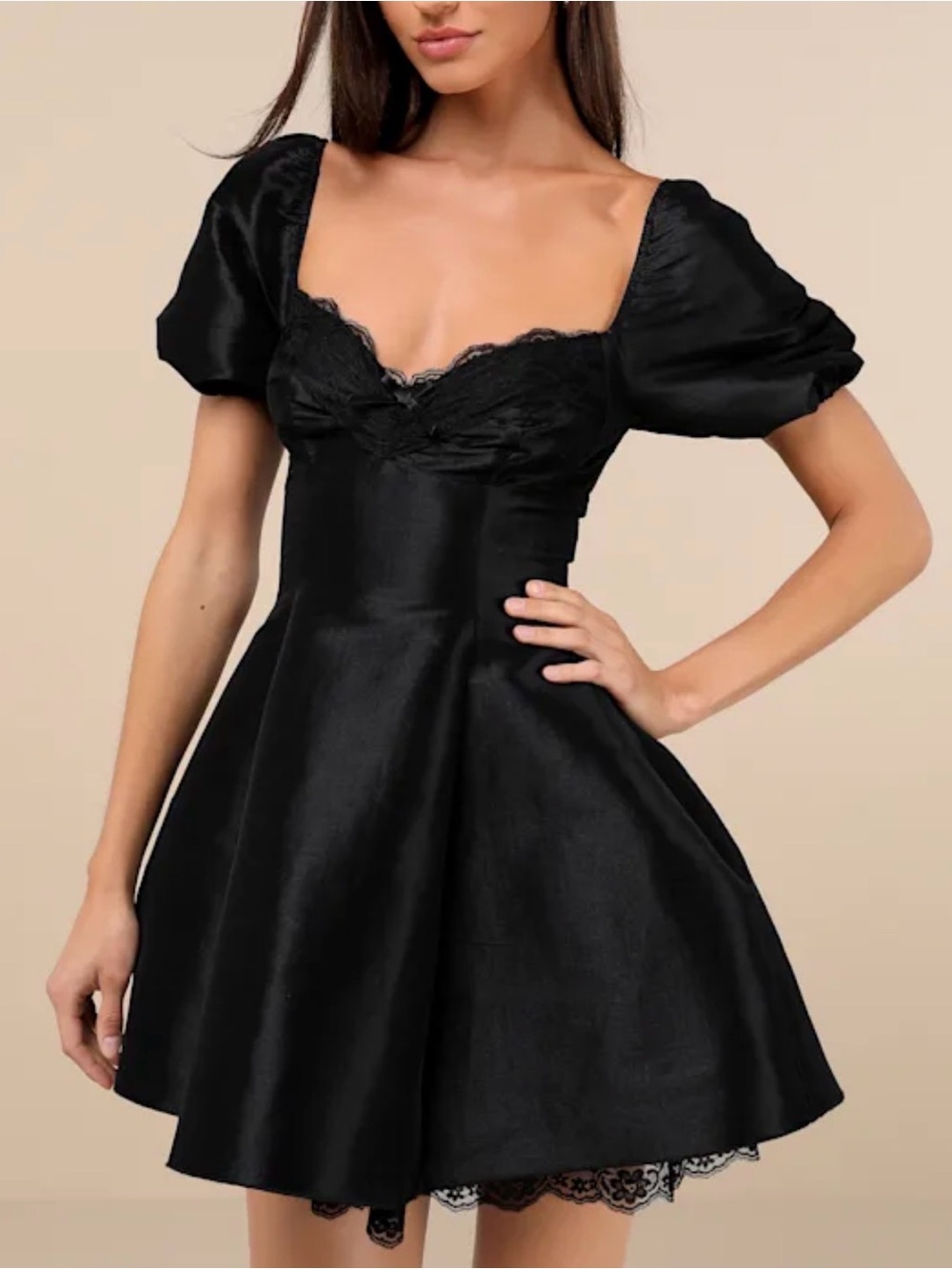 Enchanting Presence Black Taffeta Lace Puff Sleeve Mini Dress